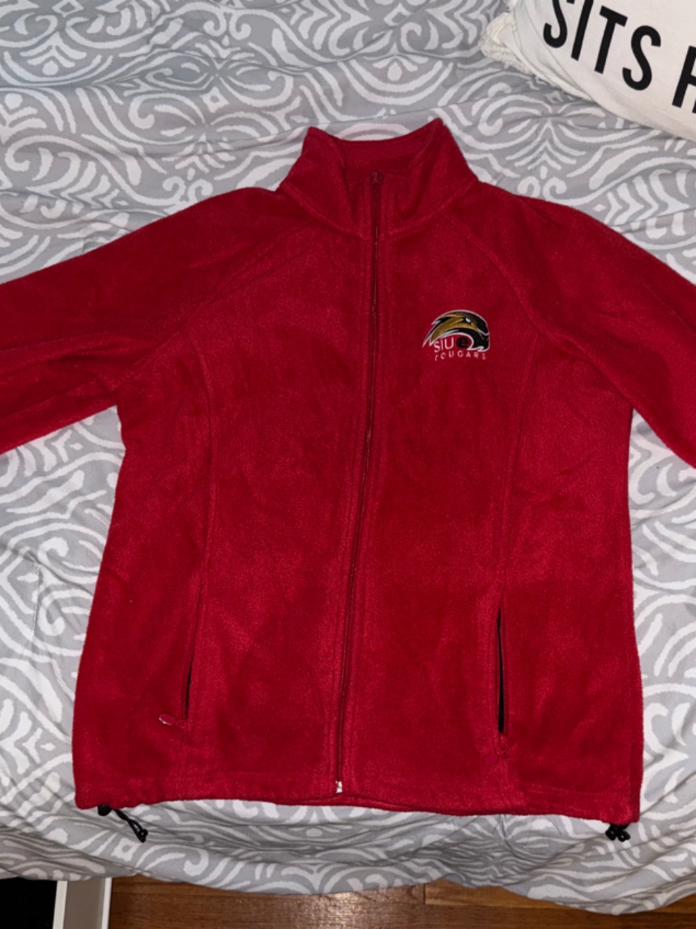 Red Full-Zip Teddy Jacket with Embroidered Logo - Women's